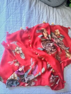 Red Floral Scarf with Pom Trim